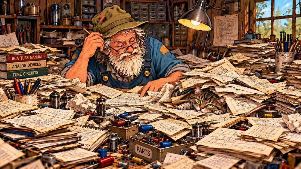 The Electronic Peasant at a cluttered electronics workbench with schematics and old technical manuals