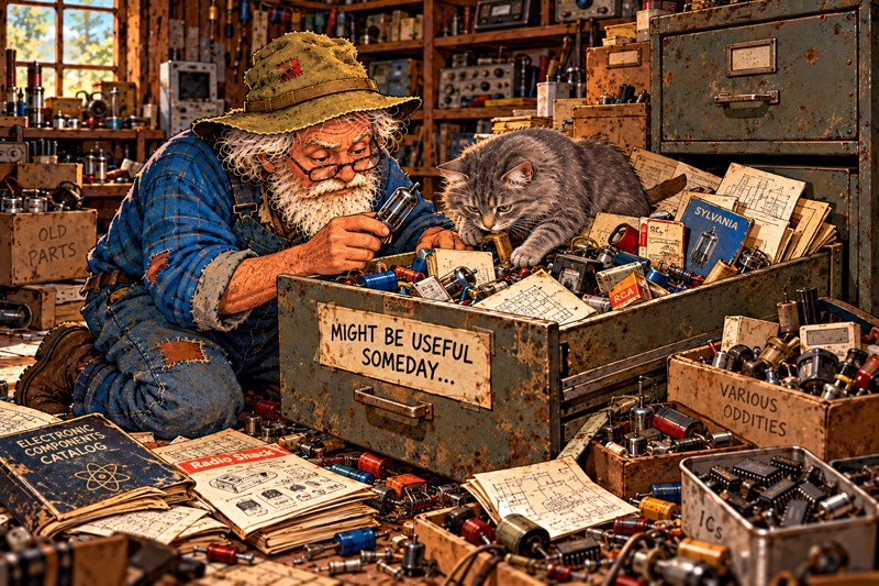 The Electronic Peasant rummaging through a filing cabinet of old electronic parts and technical papers