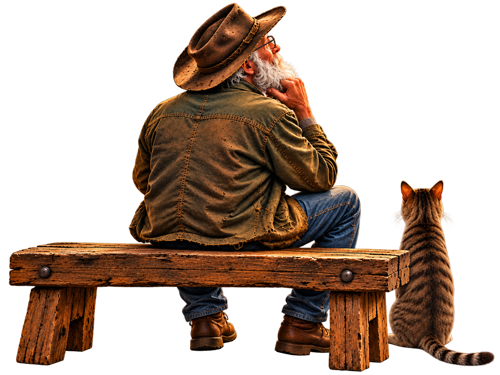 Old bearded man with glasses and a brown tabby cat sitting on a rustic bench looking up at the gallery