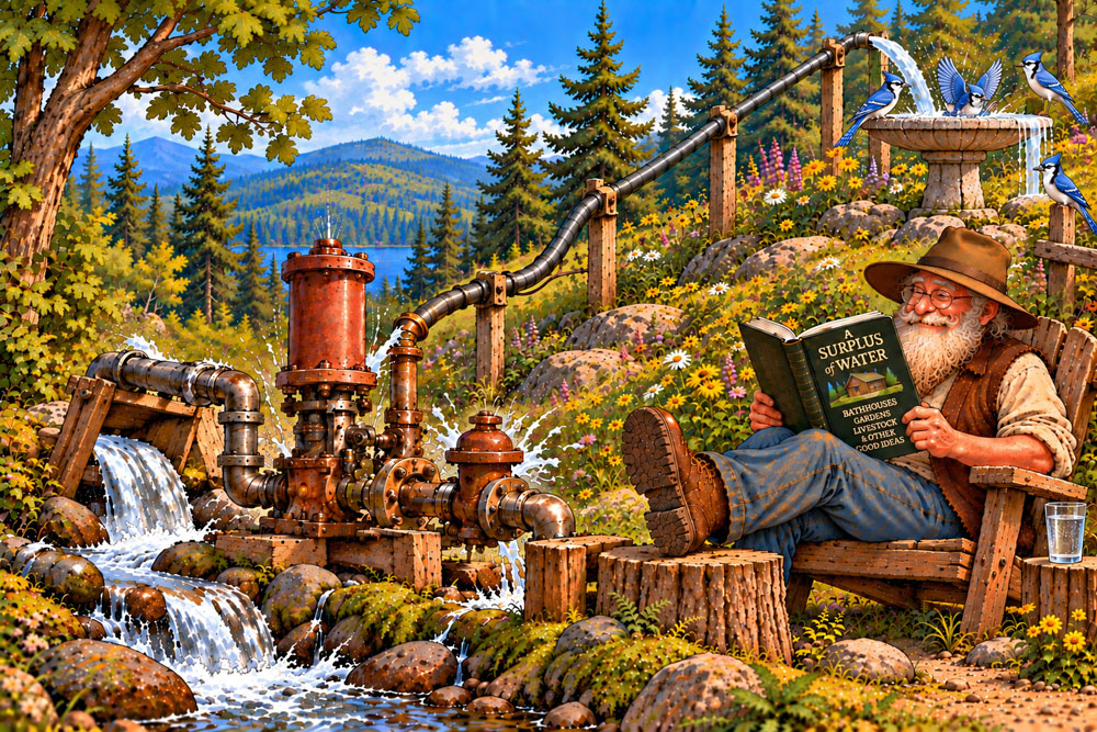 The Electronic Peasant relaxing beside a hydraulic ram pump