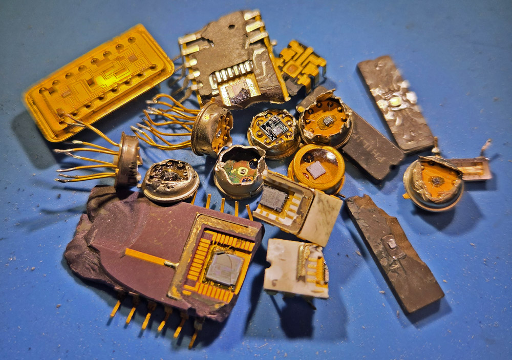 Integrated circuits opened to reveal their interiors