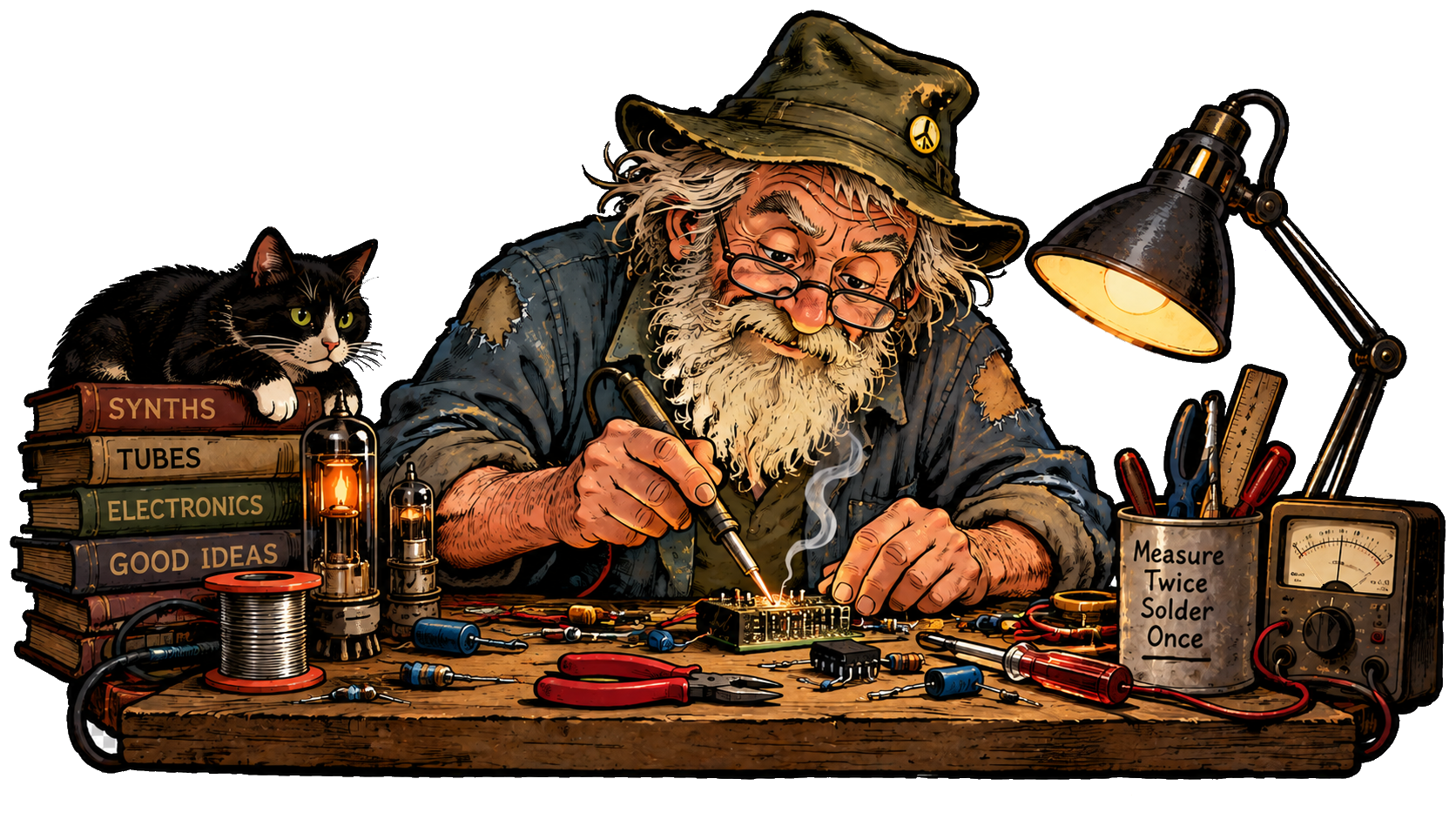 Old electronics technician soldering at his workbench