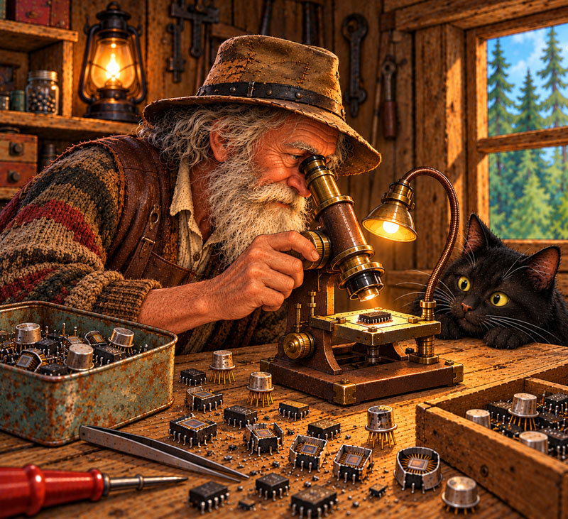 The Electronic Peasant examining integrated circuits with an antique microscope