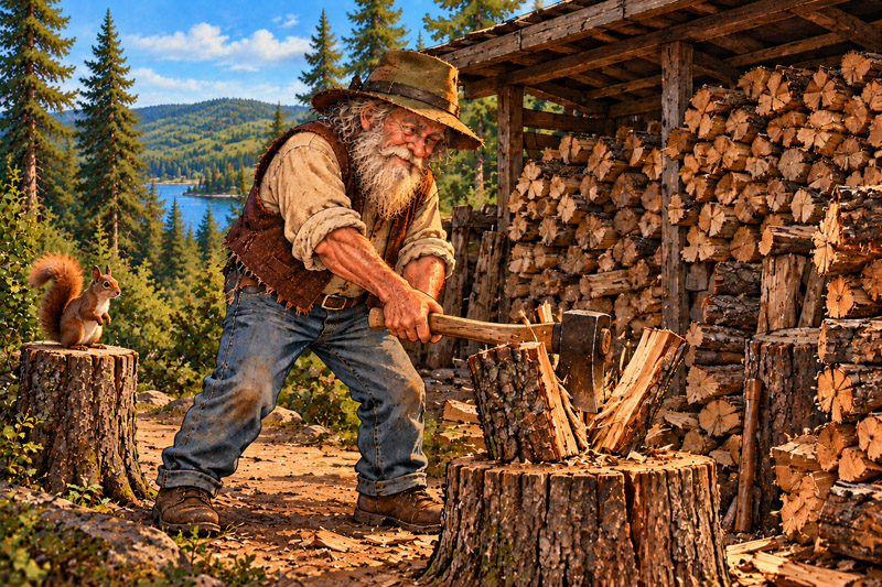 The Electronic Peasant splitting firewood beside a large woodpile