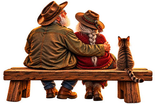 The Electronic Peasant and Celtic Peasant sitting together on a rustic bench