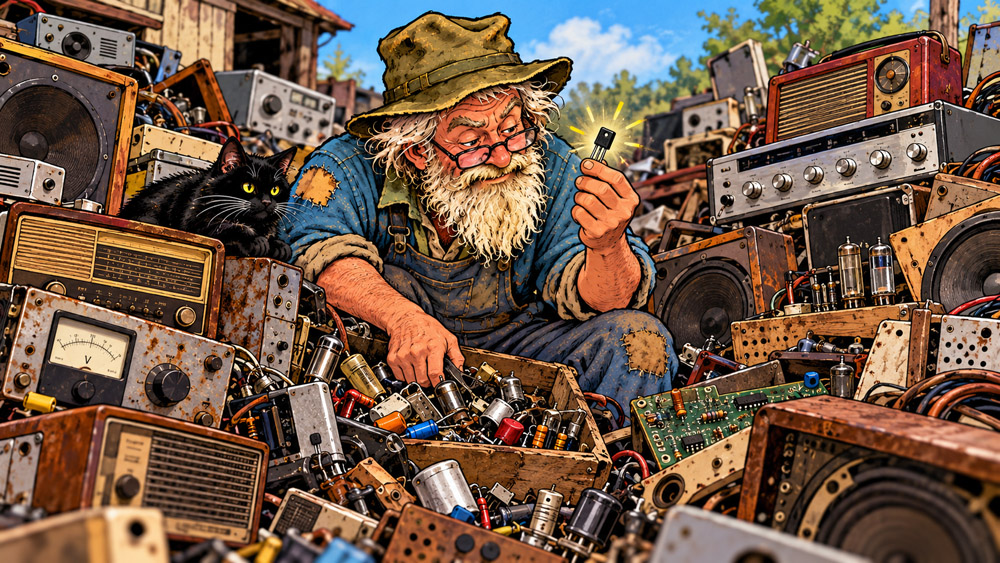 The Electronic Peasant prospecting through old electronic equipment for valuable salvage parts